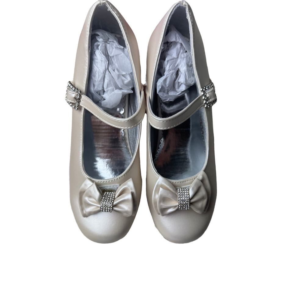 JOSMO Girls Mary Jane Dress Shoes Size 3 Ivory Rhinestone Bow‎ Block Heel Strap